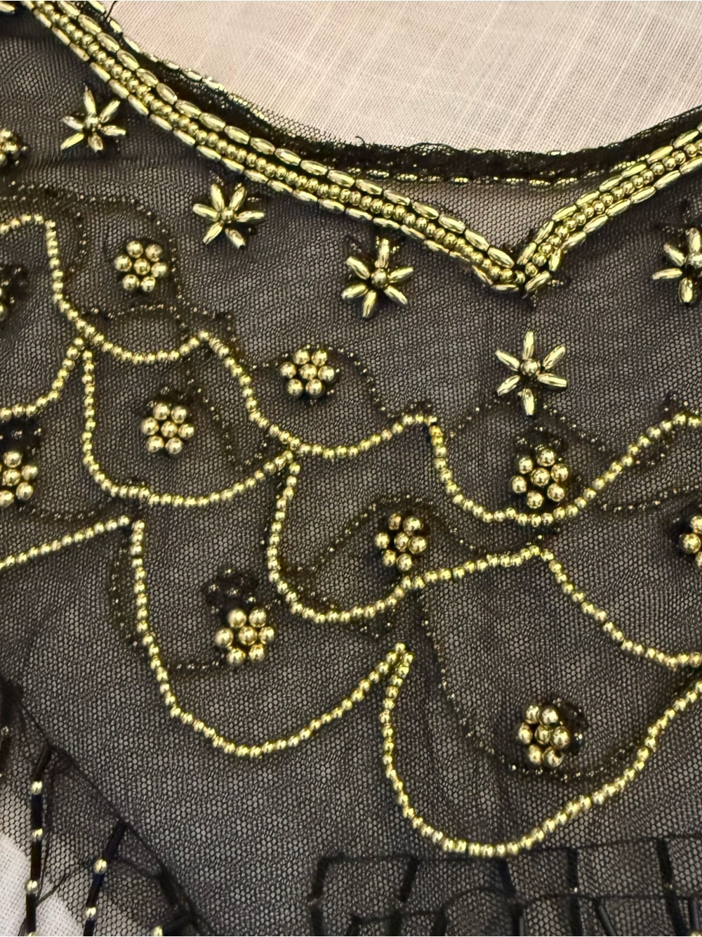 Vintage 1920’s Black Beaded Fringe Mesh Shawl with Gold Accents - Picture 5 of 7